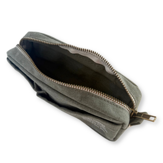 Green zippered pouch on a white background