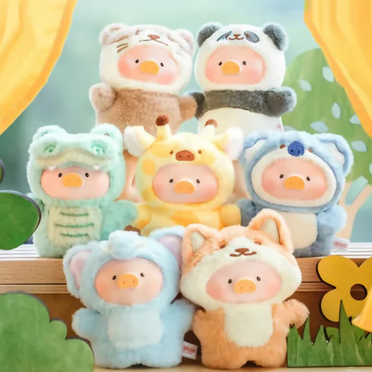 Set of cute Lulu the Pig plush toy on a decorative background