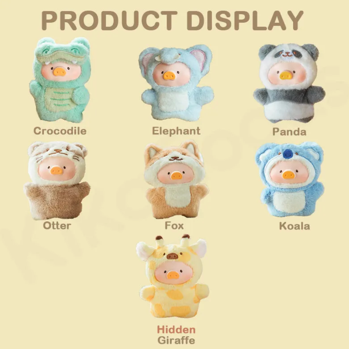 Set of plush toys in animal costumes on a beige background