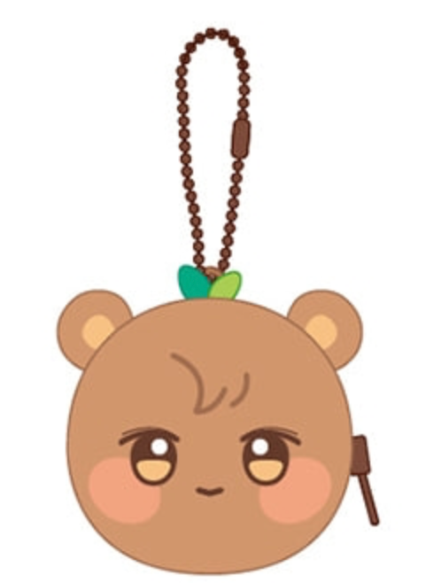 Aniteez cute brown bear-shaped pouch with ball keychain and small green leaf on top with white background