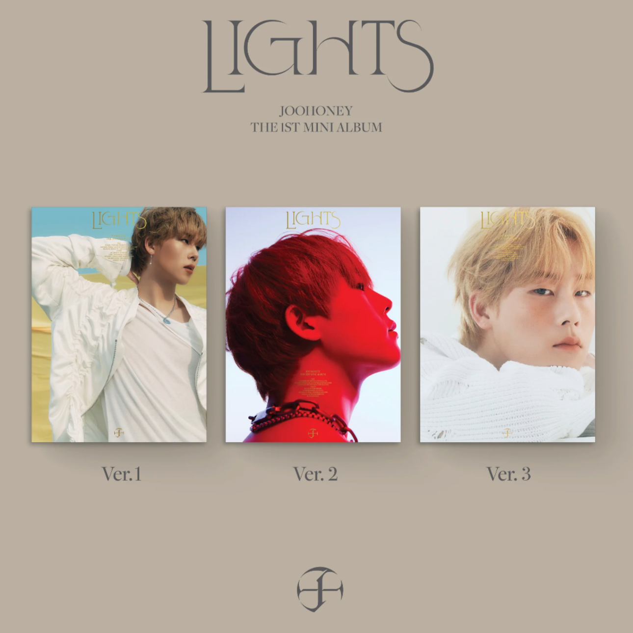 Album cover with three versions of a K-pop artist on a beige background