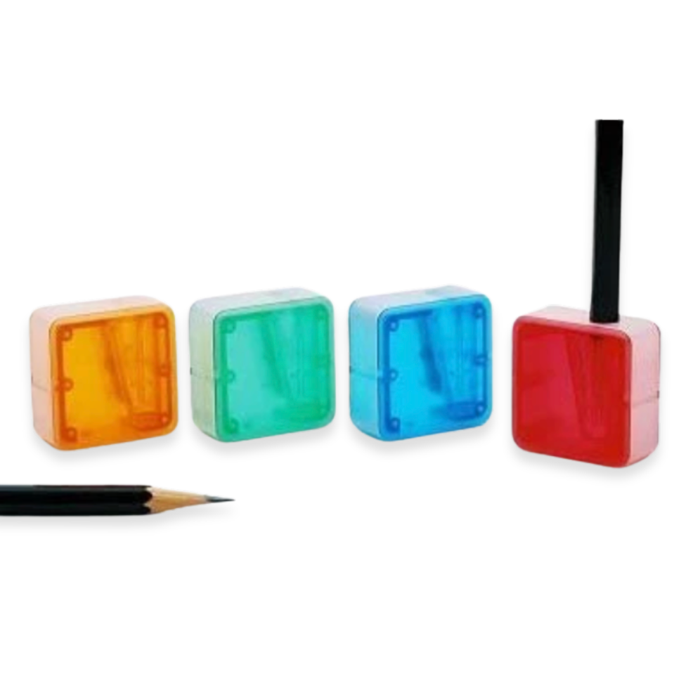 Four colorful plastic pencil sharpeners with pencils on a white background