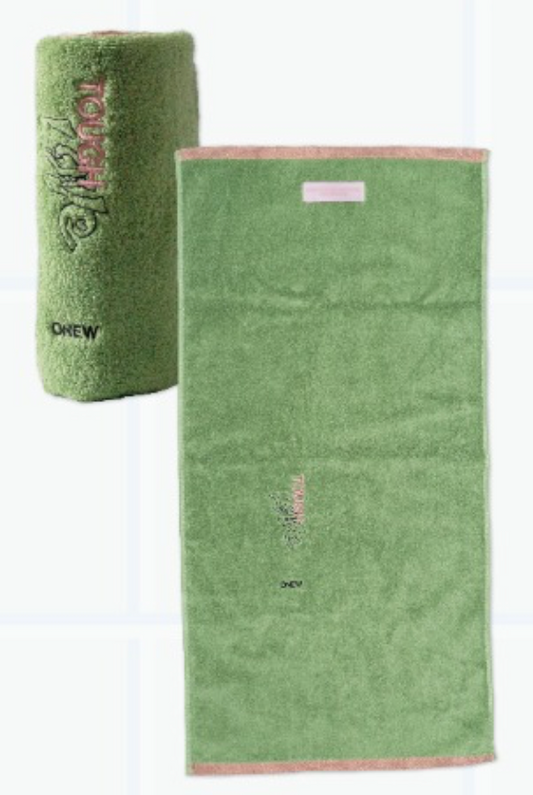 Green towel with brand logo on a white background
