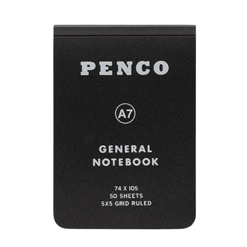 Black notebook with 'Penco' branding on a white background