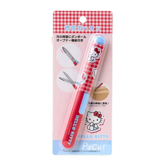 Hello Kitty branded knife on a red and white checkered background