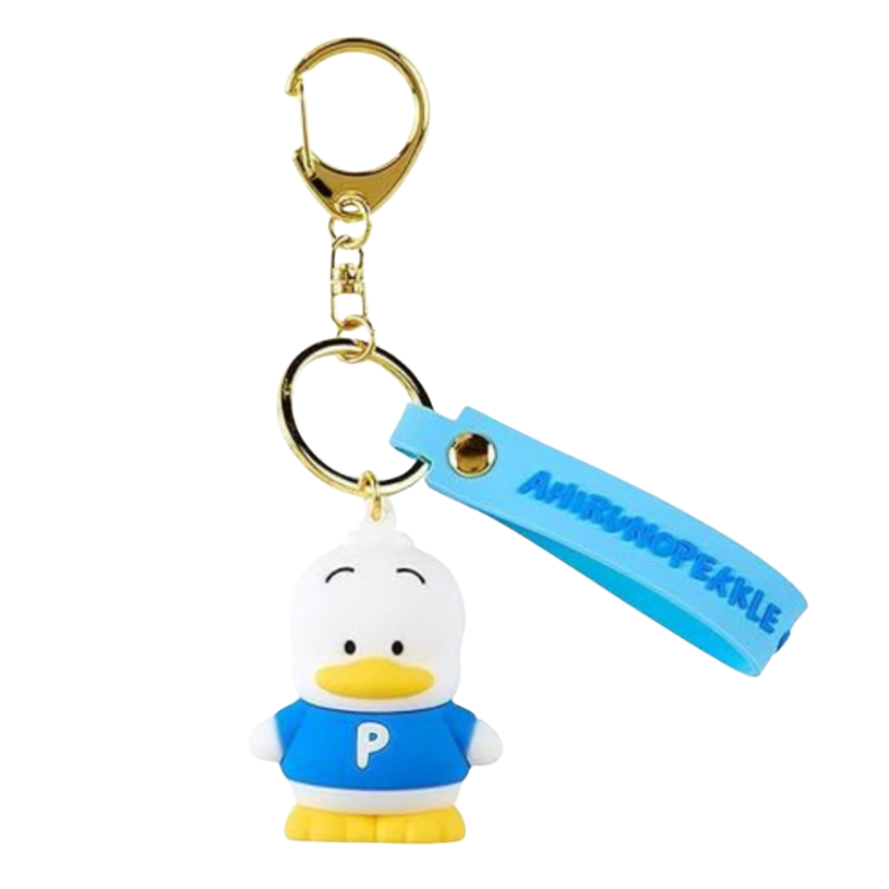 Keychain with a cartoon Pekkle character and a blue tag on a white background