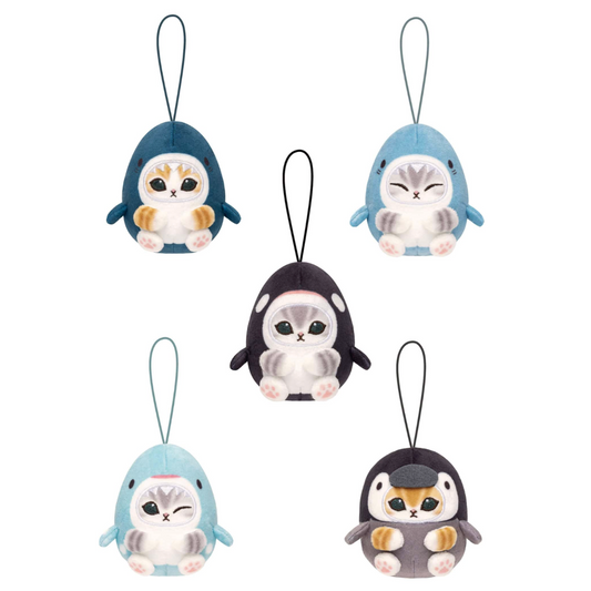 Set of five small plush animal keychains on a white background