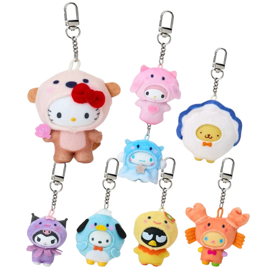 Set of Sanrio colorful sea animal-themed keychains on a white background