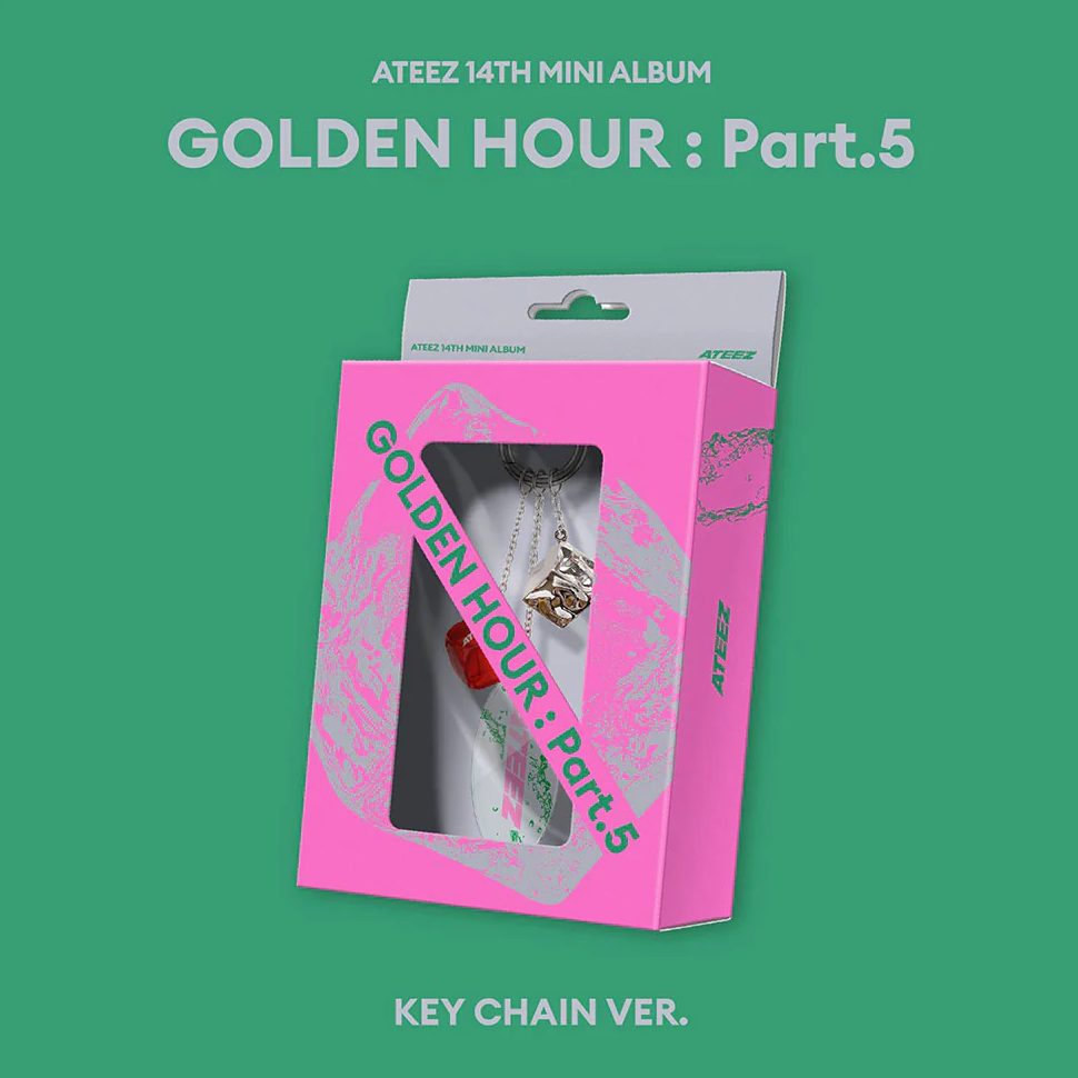 Pink packaging of Ateez 14th mini album 'Golden Hour: Part.5' with key chain ver. on a green background