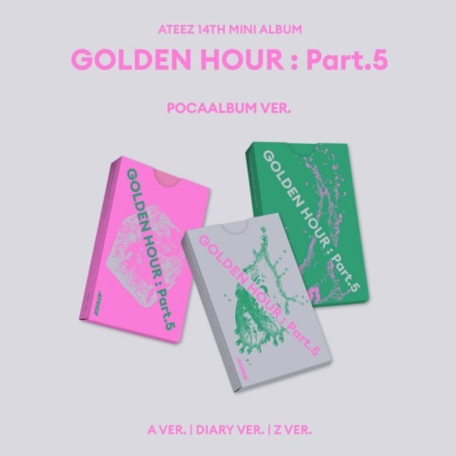 golden hour part 5 poca album in pink packaging, green packaging, and silver packaging with white background