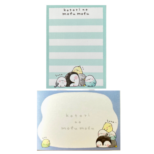 Two cute memo pads with the text 'kotori no mofu mofu' at the top. The top pad has a mint blue and white striped design with a group of penguin characters at the bottom.