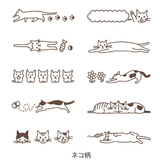 A sheet of small line drawings of cats in brown ink on a white background, arranged in a grid, with Japanese text below.
