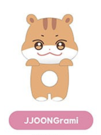 A cute cartoon hamster character with orange-brown fur, large eyes, and a pink mouth, centered on a white background with a pink rounded label below reading 'JJOONGrami'.