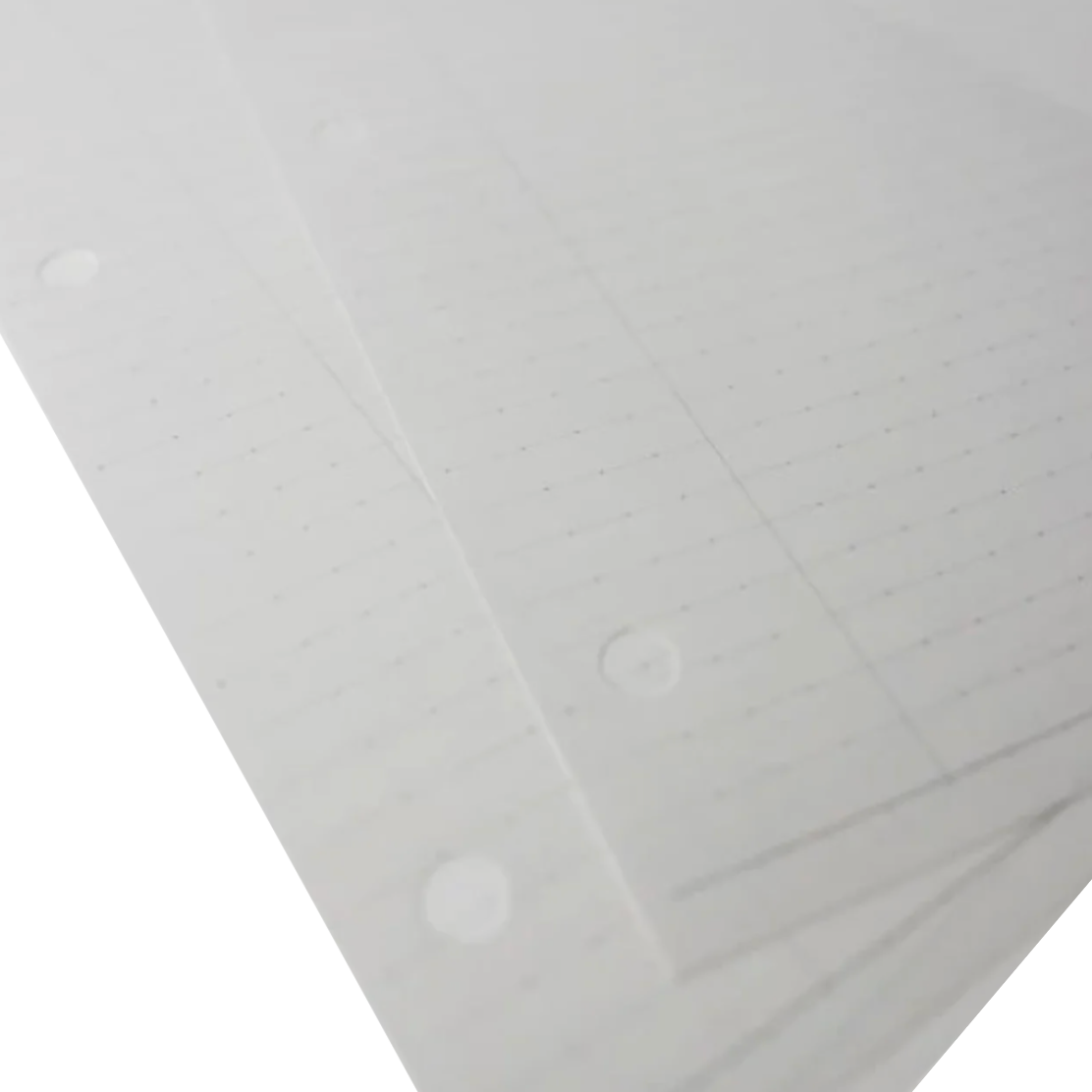 White lined paper sheets with a grid pattern and pre-punched holes, shown stacked at an angle against a white background.