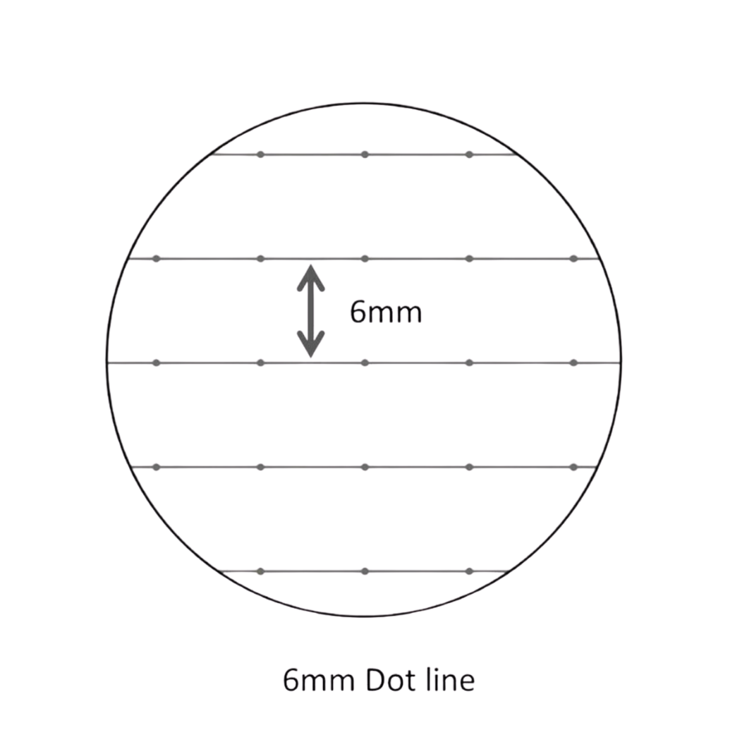 A simple diagram showing a circle with horizontal dotted lines and a vertical arrow labeled 6mm, with the text '6mm Dot line' below.