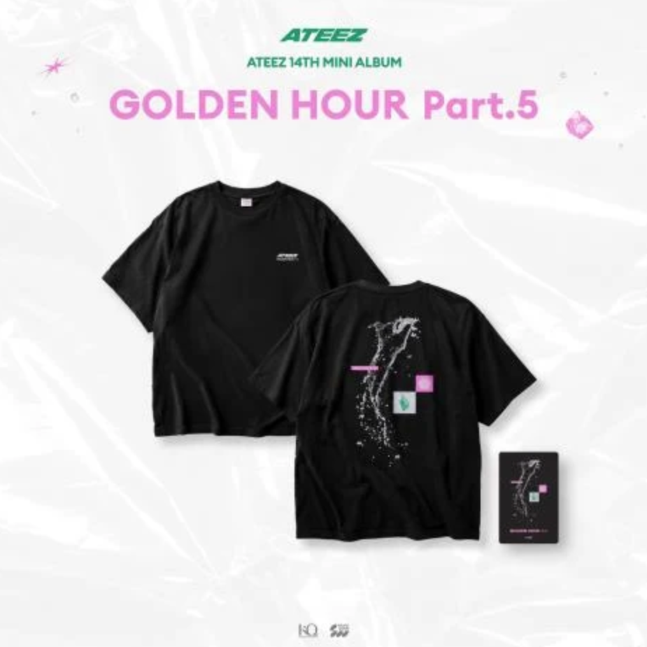 ATEEZ 14th Mini Album 'Golden Hour Part.5' merchandise featuring two black graphic t-shirts (front and back views) and a small black card, displayed on a light gray crinkled background with pink and green text.