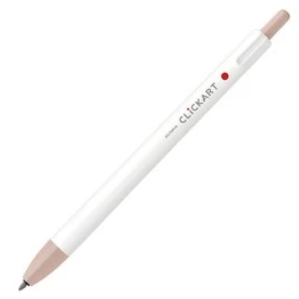 A white Clickart retractable pen with beige plastic end caps and a small red indicator dot, shown diagonally on a plain white background.