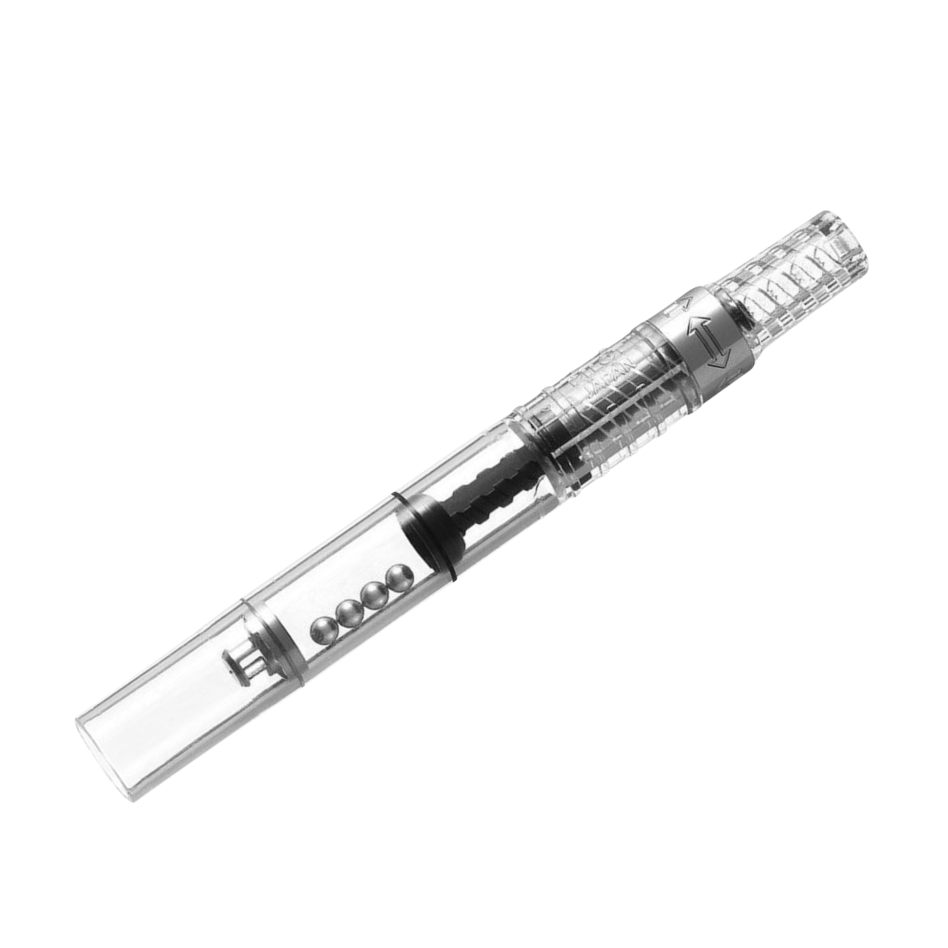 A clear plastic and metal refill cartridge for a pen, shown diagonally on a white background.