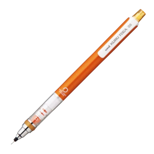 A Kuru Toga 0.5 mechanical pencil with an orange body, white label, and gold end caps, shown diagonally on a plain white background.