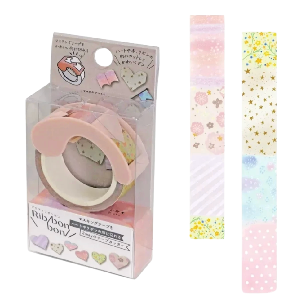 A packaged roll of washi tape with a pink ribbon cutter tool, shown next to three vertical strips displaying pastel pattern options including flowers, stars, stripes, and polka dots on a white background.