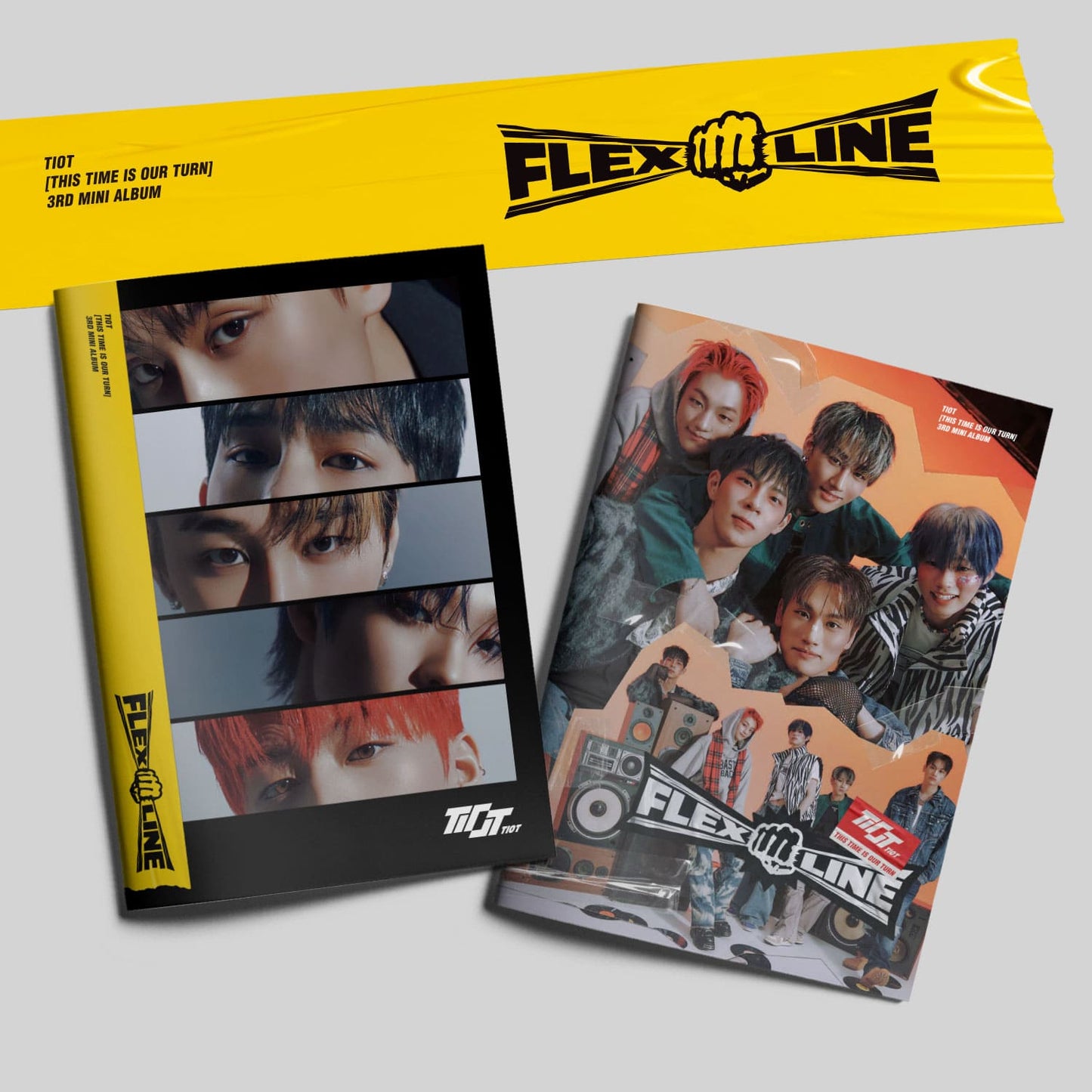 The image shows two versions of a mini album titled 'FLEX LINE' by TIOT, with a photobook version and a flex version. The album covers feature images of the members of the group TIOT.