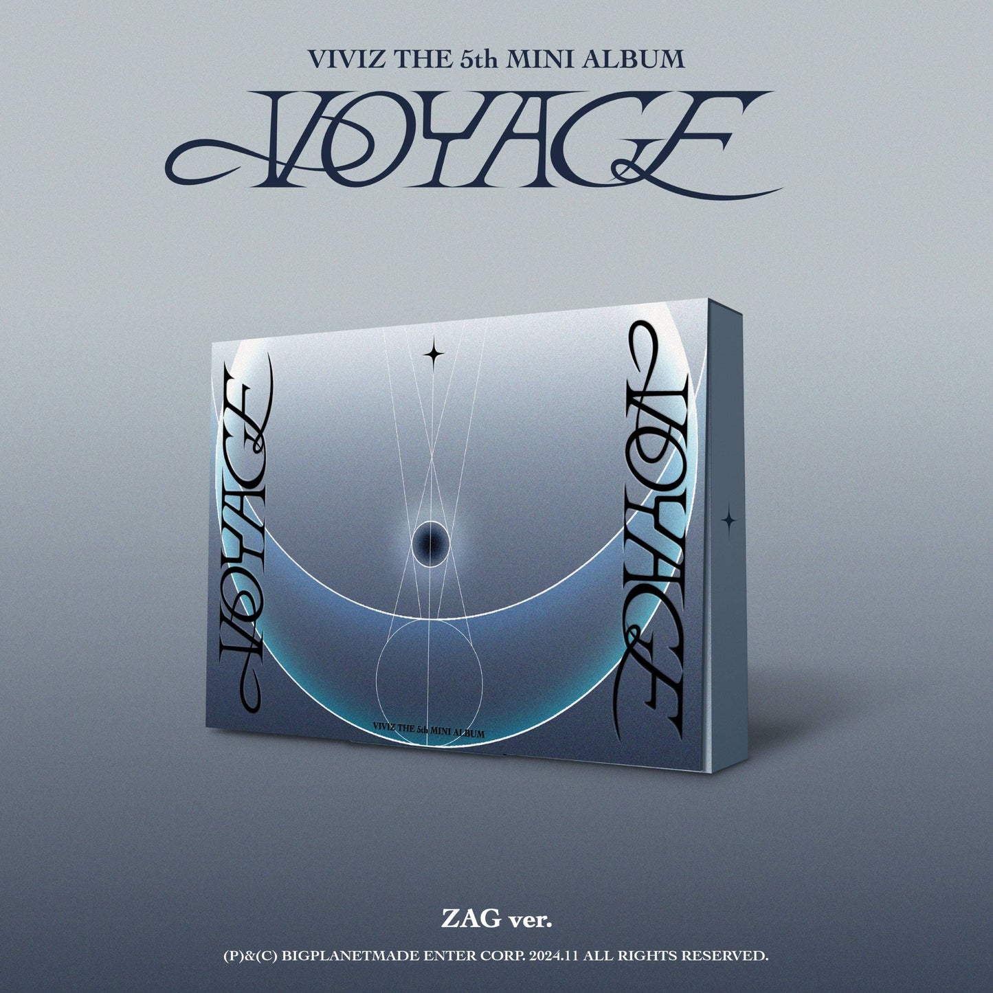 VIVIZ 5th mini album 'VOYAGE' packaging on a gray background