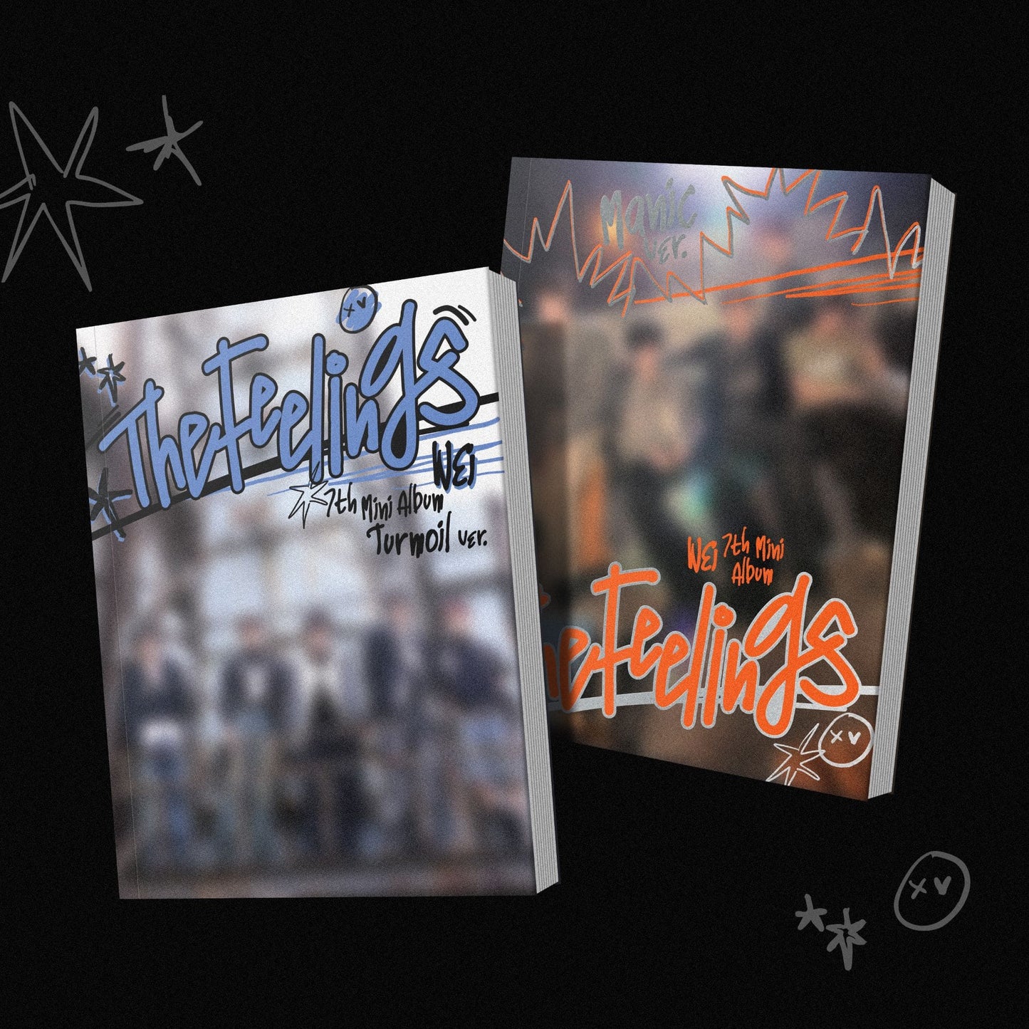 Album covers for 'The Feelings' by WEI, featuring images of the K-pop group in a blurred style with text and stars on a black background.