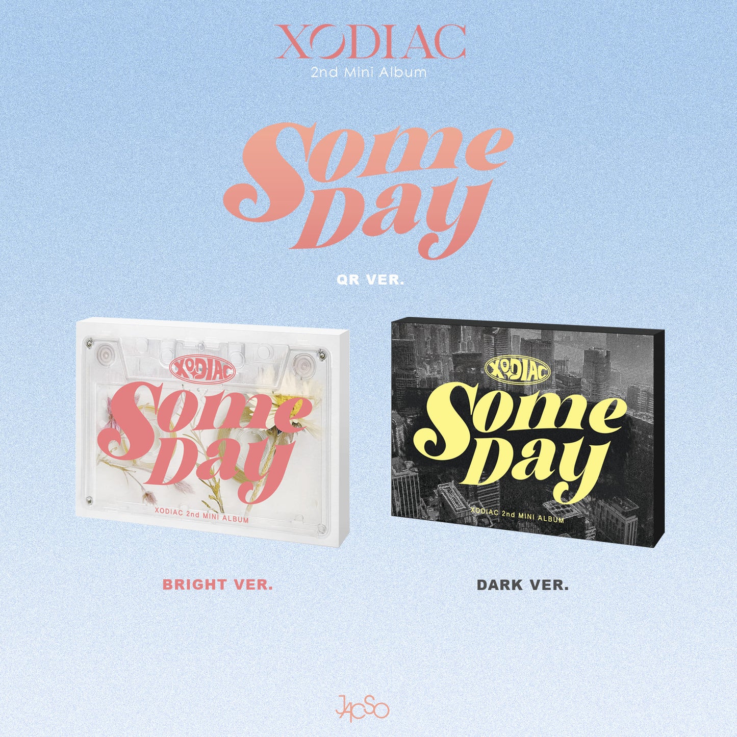 Two versions of XODIAC album 'Some Day' with bright and dark themes, featuring cityscape illustrations and text.