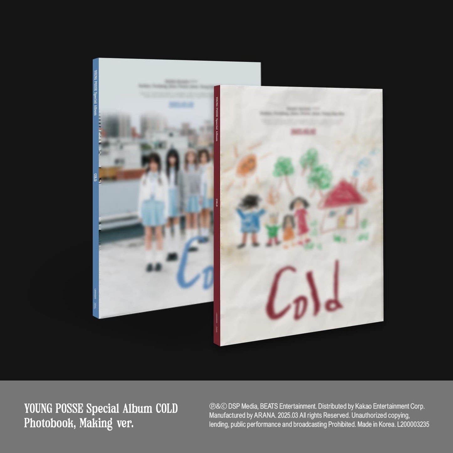 Two versions of the YOUNG POSSE special album 'COLD', one with a photobook and one with a making version, displaying the album covers with group photos and illustrations.