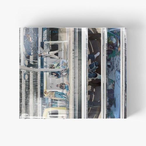 Collage of people in a city street with for album cover design.