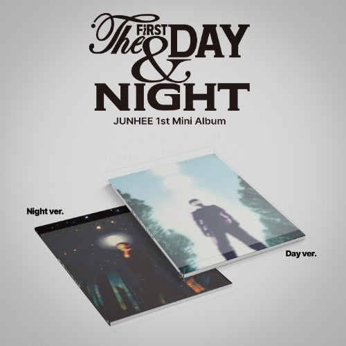 Two album covers for 'The Day & Night' by Junhee on a gray background