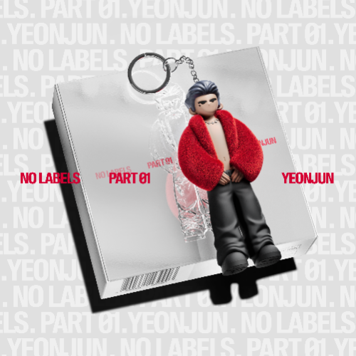 Keychain of a person wearing a red coat on a 'NO LABELS' branded card with text in the background.