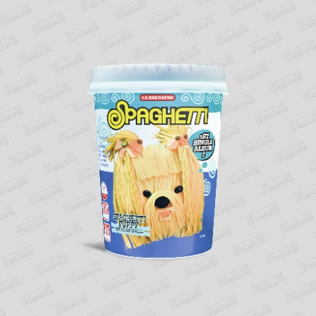 Container of dog toy shaped like spaghetti with a dog's face on a light gray background