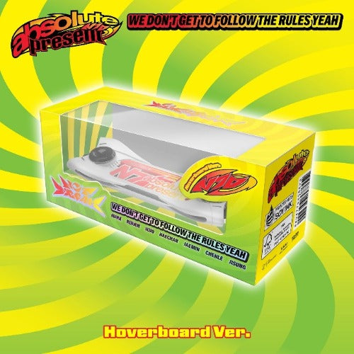 Hoverboard packaging with 'Absolute Freedom' branding on a green and yellow striped background