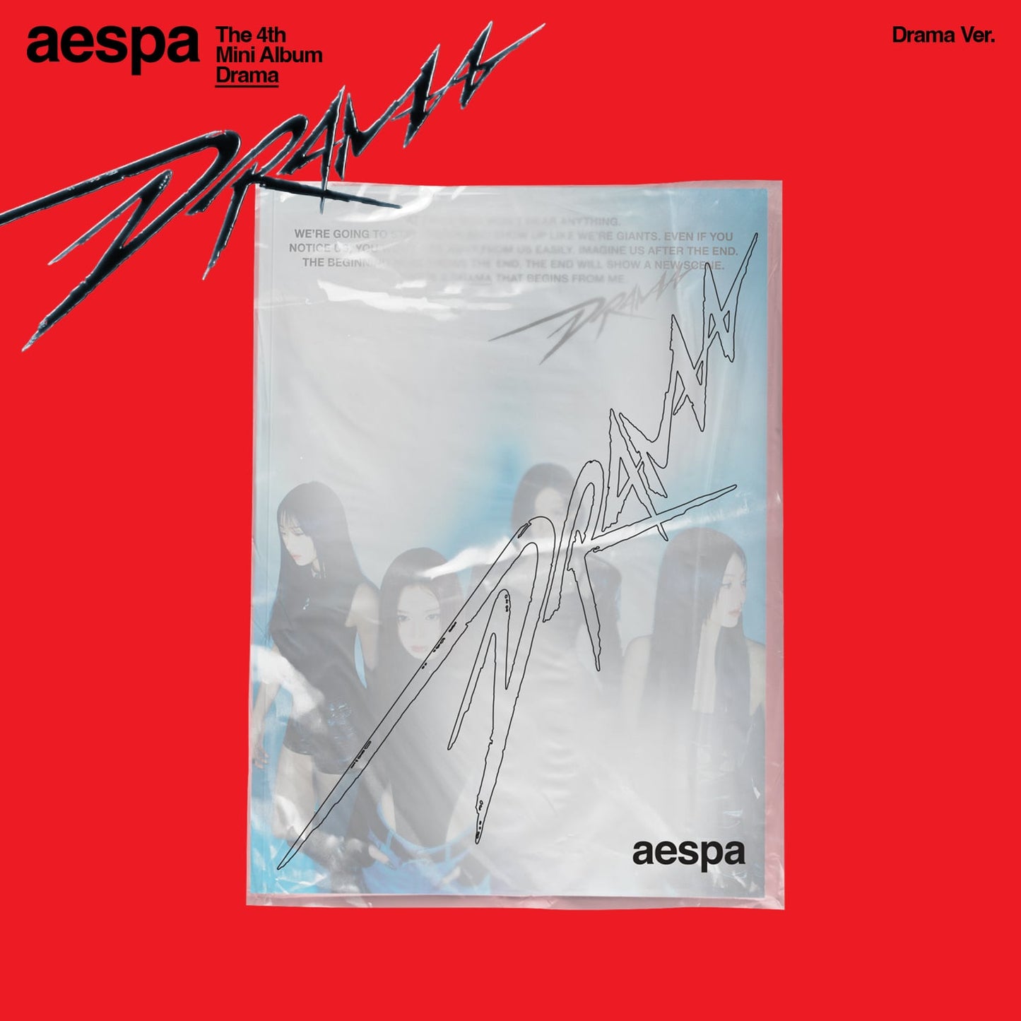 Album cover for aespa's 'Drama' with red background and transparent sleeve showing album art.