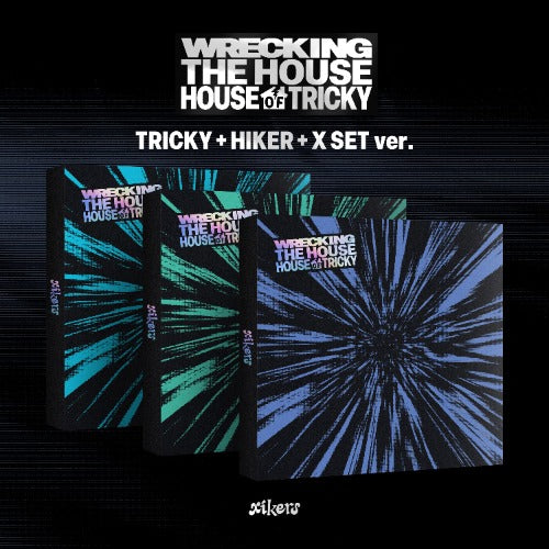 Three black and blue xiker album covers with 'Wrecking the House' and 'House of Tricky' text on a black background