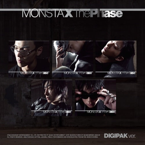 MONSTA X THE PHASE ALBUM, DIGIPAK VERSION. PICTURE OF EACH MEMBER DIGI PACK WITH A BLACK BACKGROUND