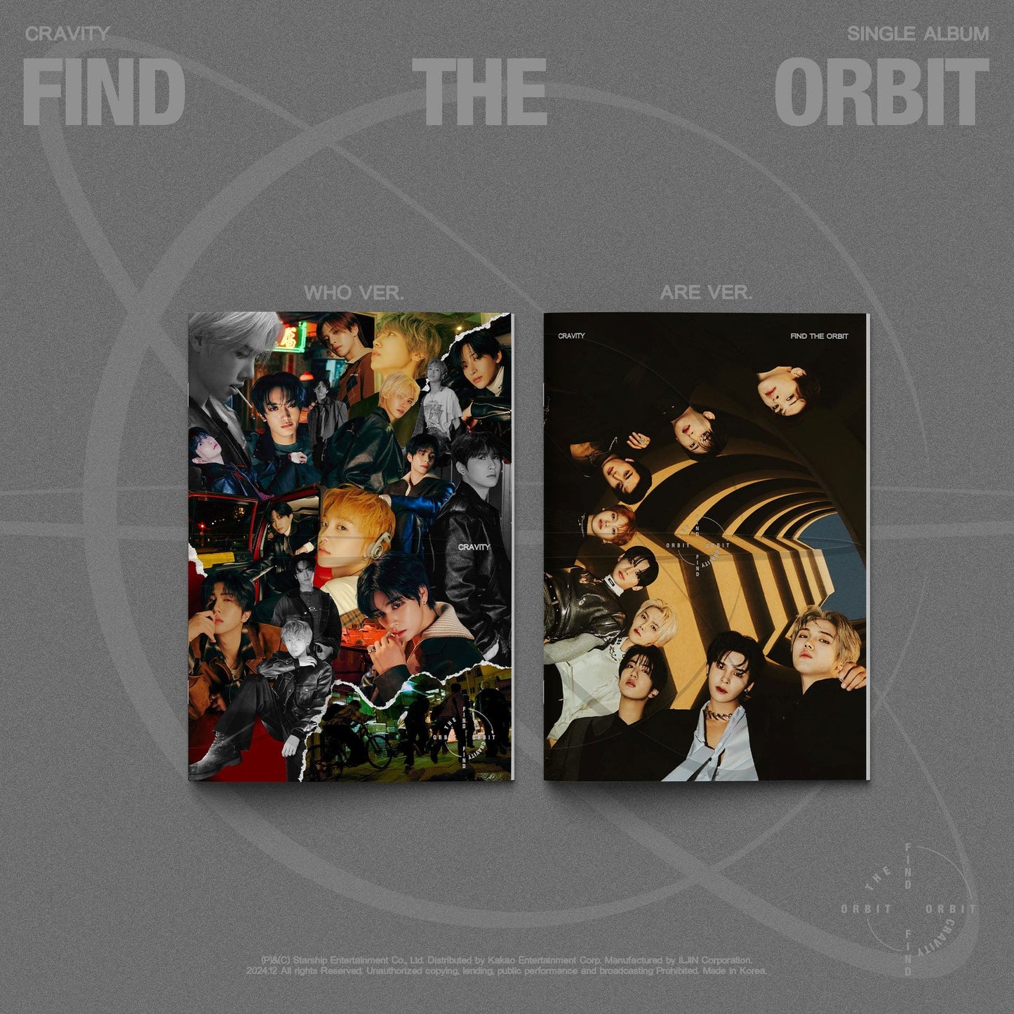 Album cover with two different views of a group of people on a gray background with text 'Gravity Find The Orbit'.