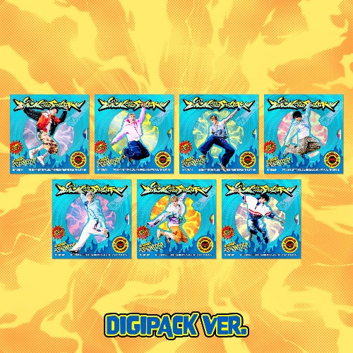 Set of six Digipack versions of a product with colorful characters on a yellow background.