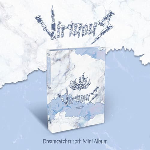 Cover for Dreamcatcher's 10th mini album, VirtuouS, featuring a marbled white and blue design with the band's logo.
