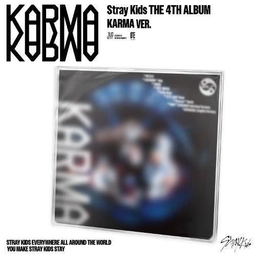 Album cover for Stray Kids' 4th album 'Karma Ver.' with blurred image of people and album name.