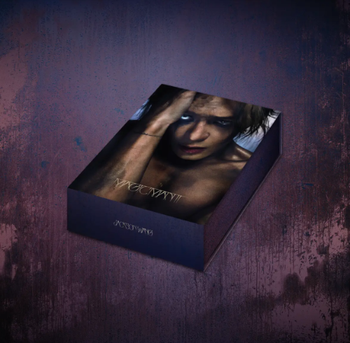 Product packaging with a stylized portrait on a textured purple background