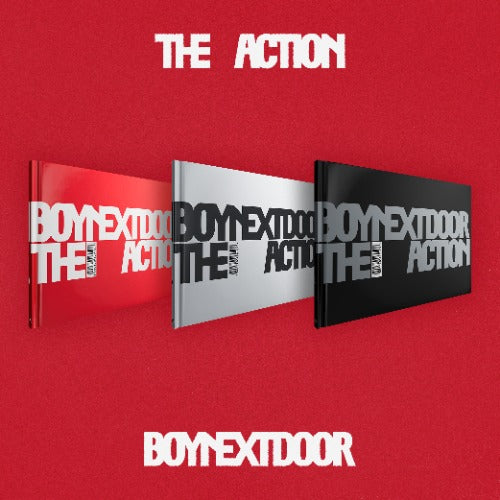 Three album covers with 'BOYNEXTDOOR' and 'THE ACTION' text on a red background.