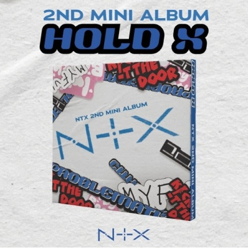 NTX 2nd mini album 'HOLD X', featuring text and graphic design in blue, pink, and white colors.