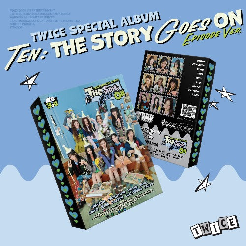 Twice Special Album 'The Story Goes On' Episode Ver. on a blue background with album cover and text.