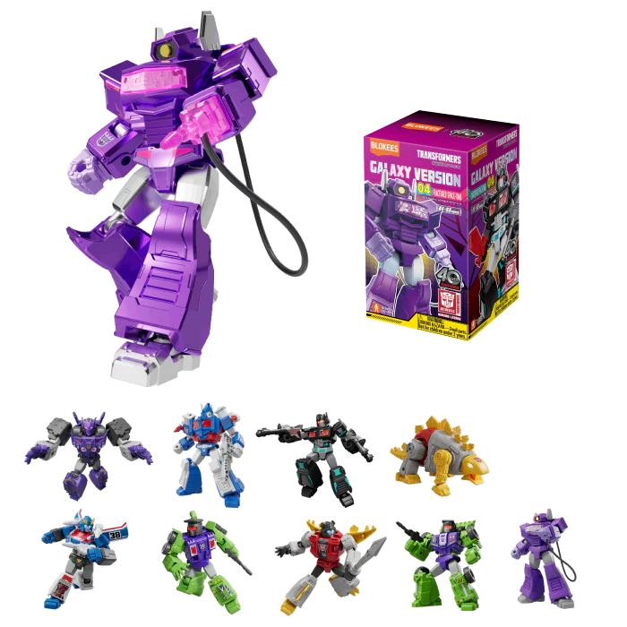 A collection of colorful Transformer-like figures in various poses, with a blind box packaging shown in the background.