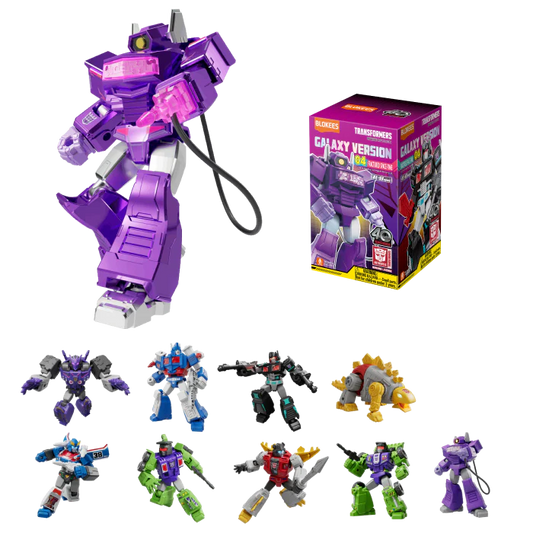 A collection of colorful Transformer-like figures in various poses, with a blind box packaging shown in the background.