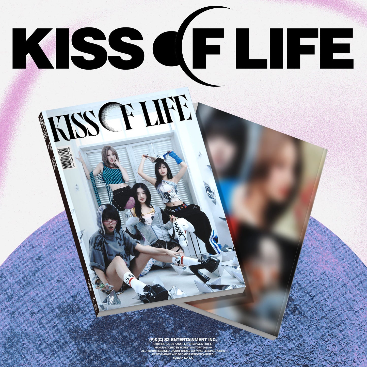 Album cover titled 'Kiss of Life' with a group of people on a purple and pink gradient background.