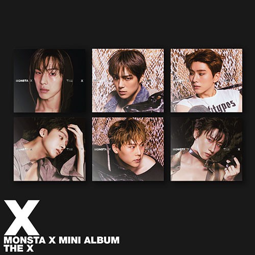 Collage of six album covers with text 'MONSTA X MINI ALBUM THE X' on a black background