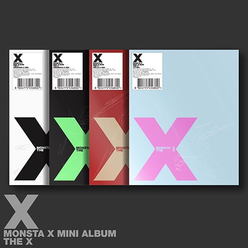 Monsta X mini album covers with colorful 'X' designs on a dark background